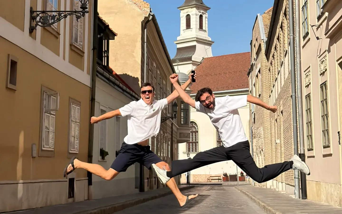 Friends on a street in Budapest