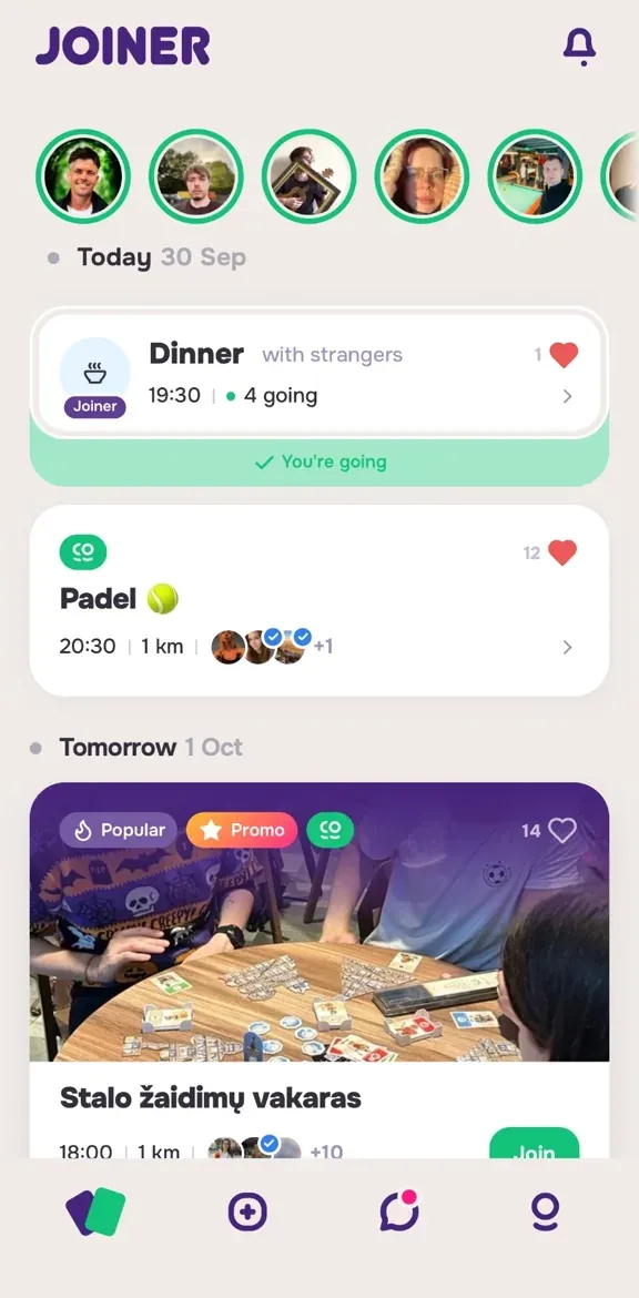 Joiner app feed with dinners and plans