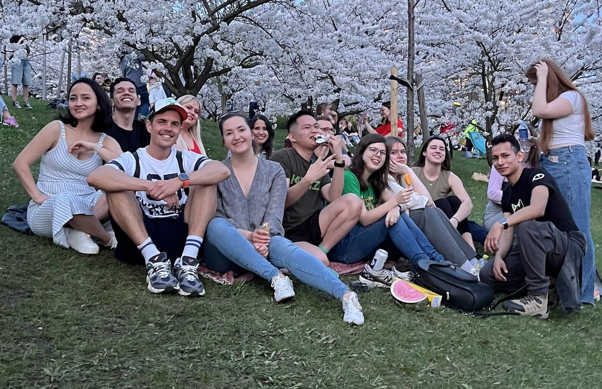 Friends together outdoors in Vilnius