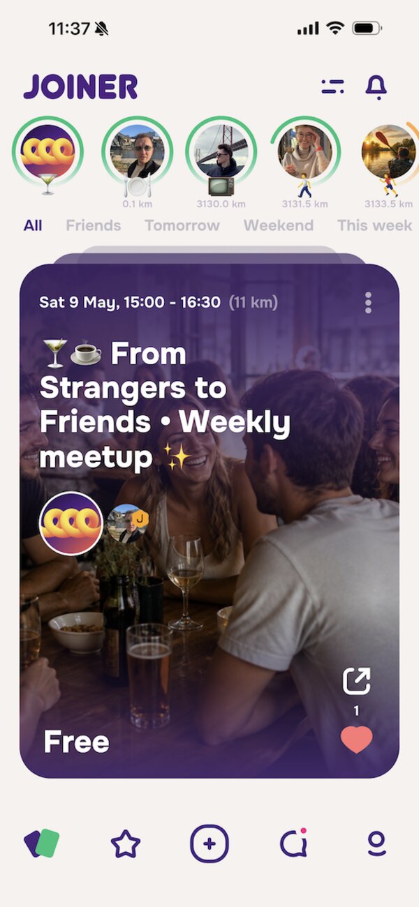 Joiner app feed showing weekly Lisbon friendship meetups