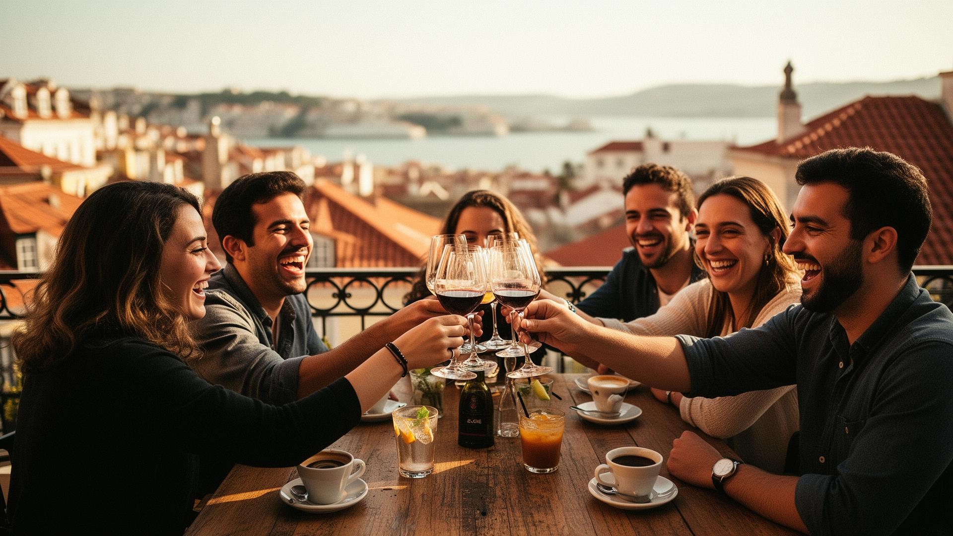 Friends at a Lisbon bar at sunset
