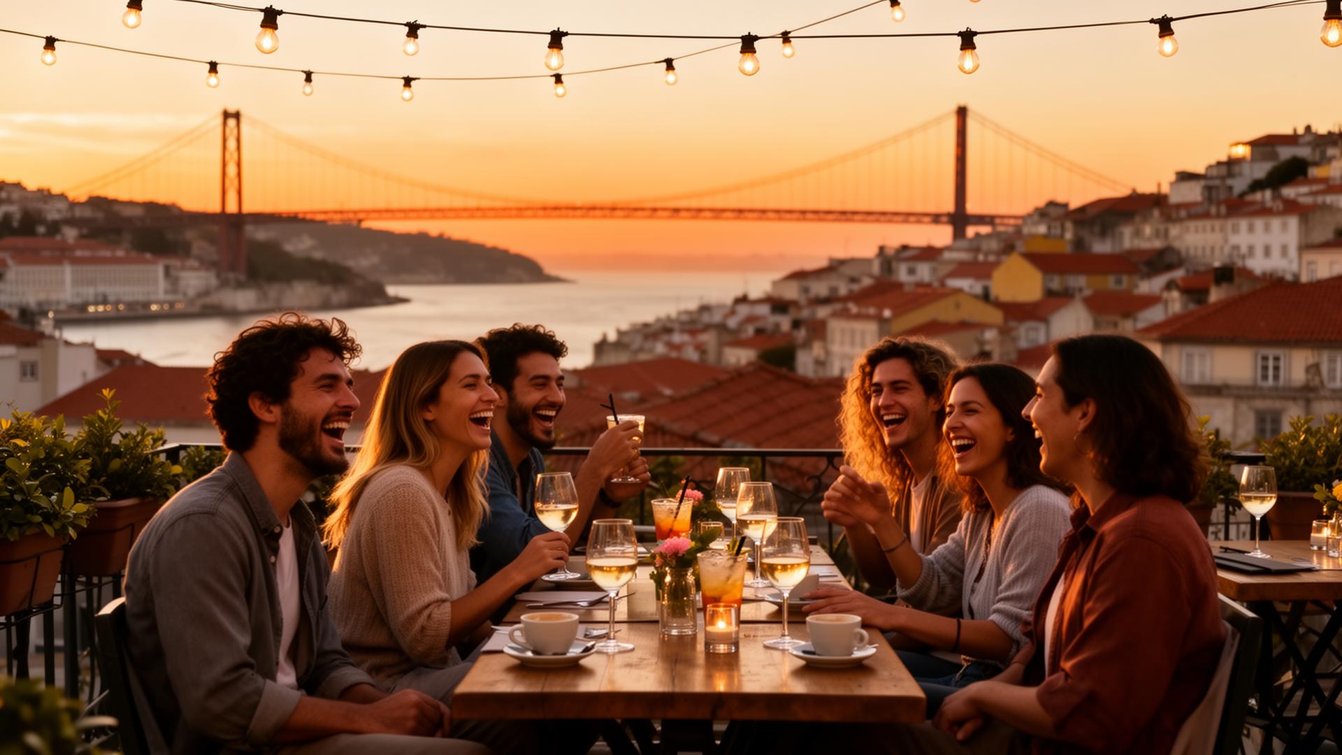 Friends laughing over wine and coffee at a rooftop bar in Lisbon with the 25 de Abril Bridge at sunset